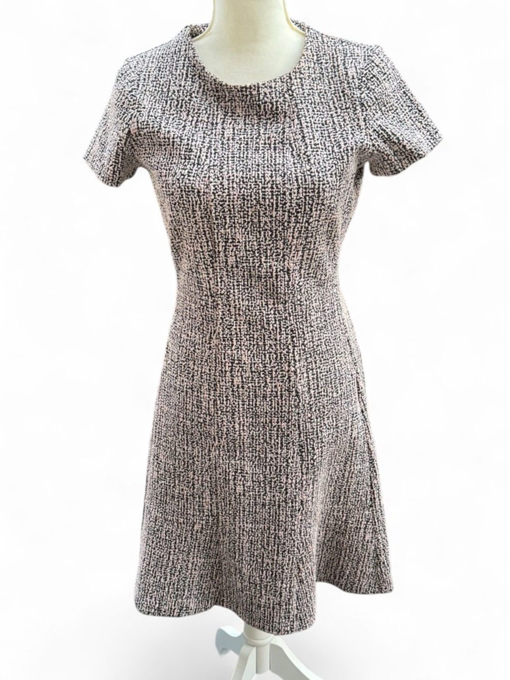 SOLD DKNY Tweed Flared Dress Size 6 Black White Pink Cap Sleeve NWOT